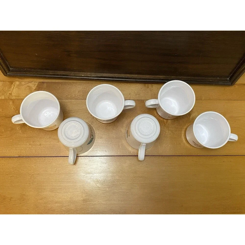 Corelle Fruit Basket Mugs Set 6 Apples Cherries White Coffee Cups Vintage Tea